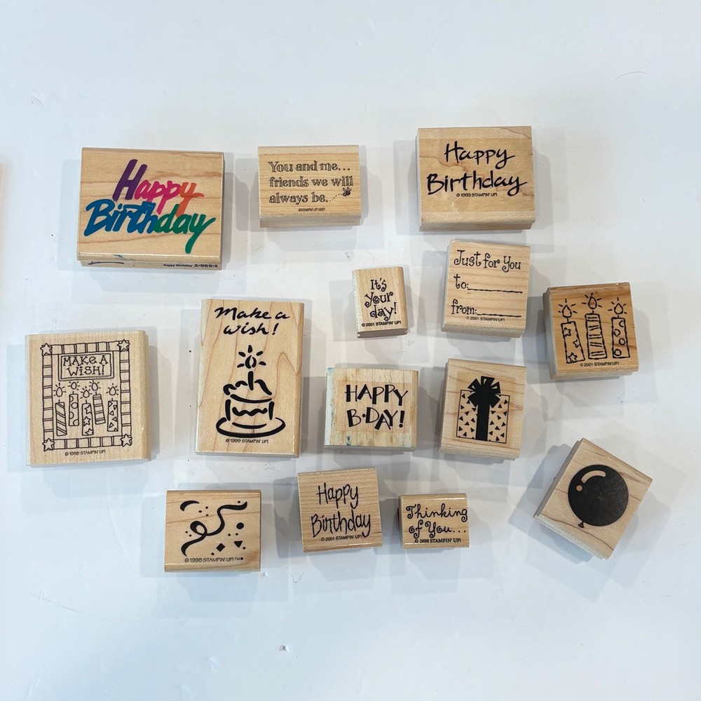 Stampin Up Rubber Stamp Lot Happy Birthday Cake Candles Ballon Wood Vintage